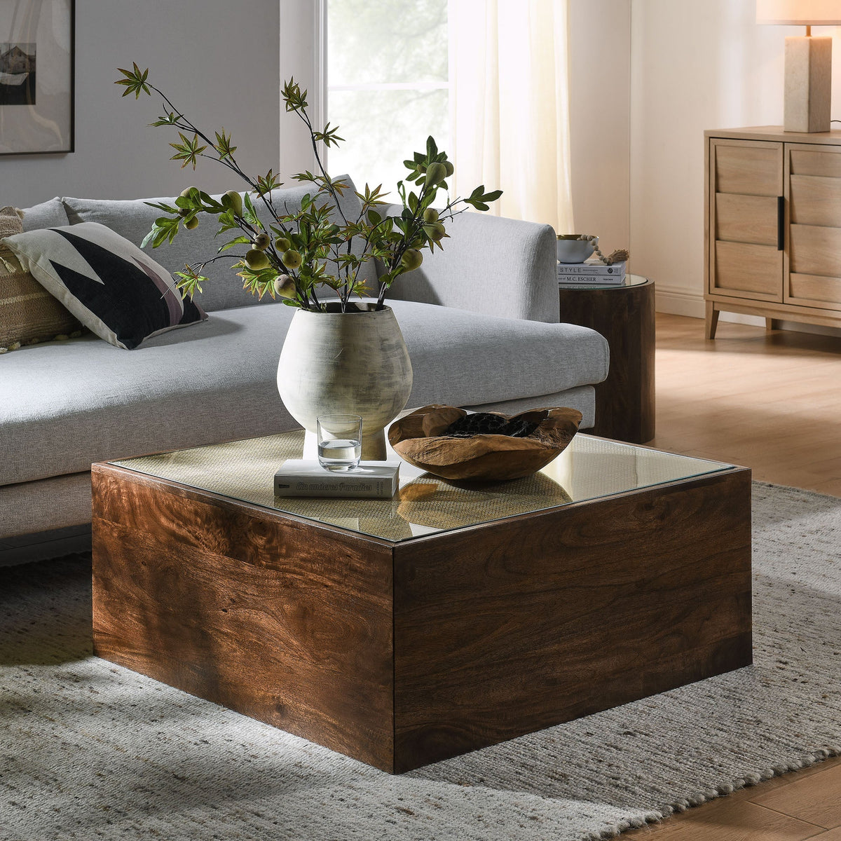 Truett Square Wood Rattan Coffee Table by Modway with glass top in a modern living room on Tampa Home & Garden Store