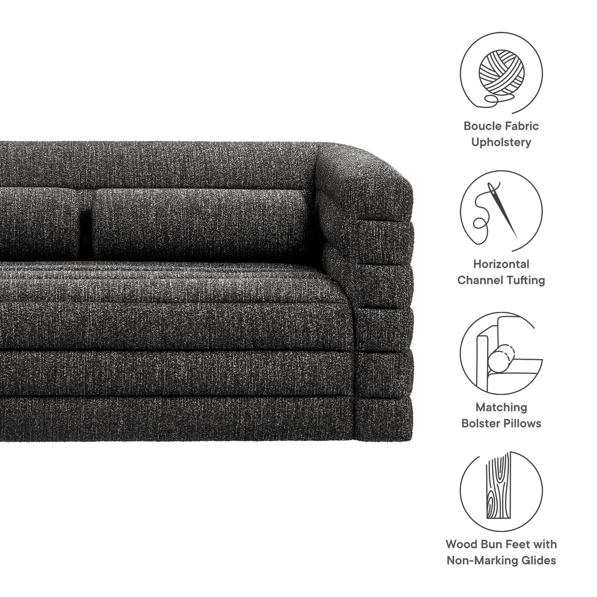 Relle Channel Tufted Boucle Upholstered Loveseat in dark gray boucle fabric on Tampa Home & Garden Store