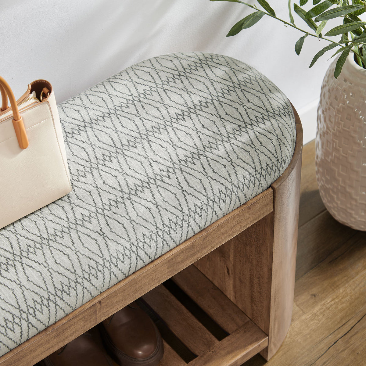 Ashby 45-inch Geometric Upholstered Bench by Modway in gray fabric with wood base, plant nearby on Tampa Home & Garden Store
