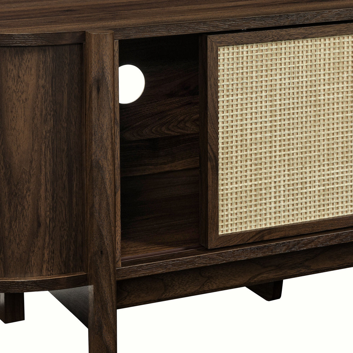 Reid 61in TV Stand with dark wood frame and woven cane panel, open storage cubby on Tampa Home & Garden Store