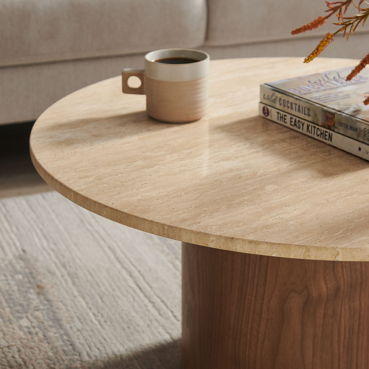 Kioni Round Travertine Coffee Table beige travertine top with wood pedestal HouseOfZazla on Tampa Home & Garden Store