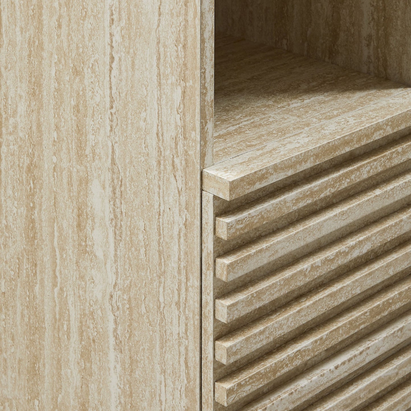 Tall Narrow Faux Travertine and Linen Cabinet