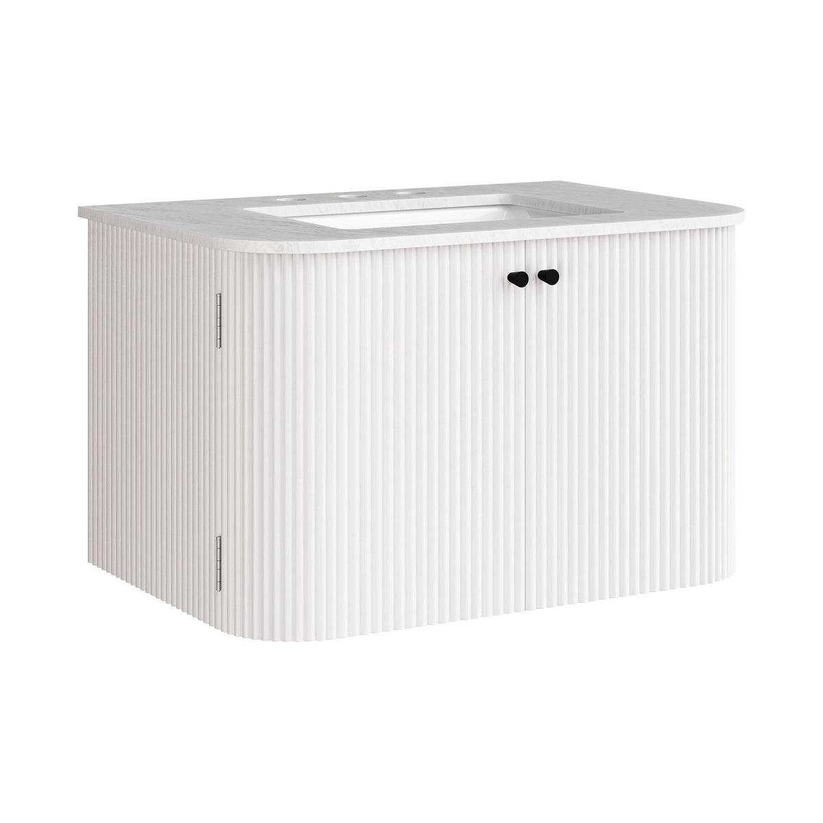 Zia wall-mount bathroom vanity with marble sink, white ribbed cabinet, black hardware on Tampa Home & Garden Store