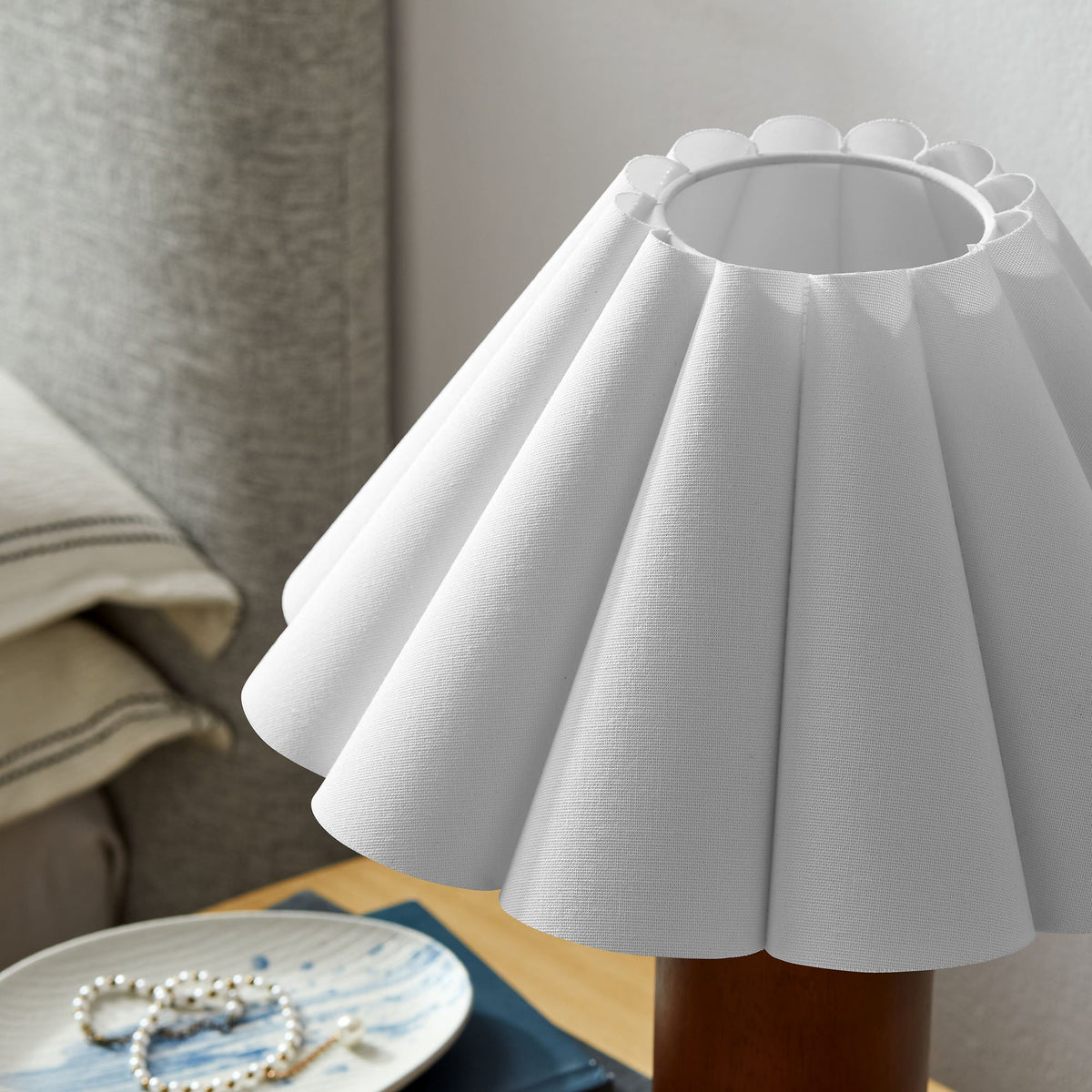 Flora Wood Table Lamp with Pleated Petal Shade, white fabric shade, wood base on Tampa Home & Garden Store