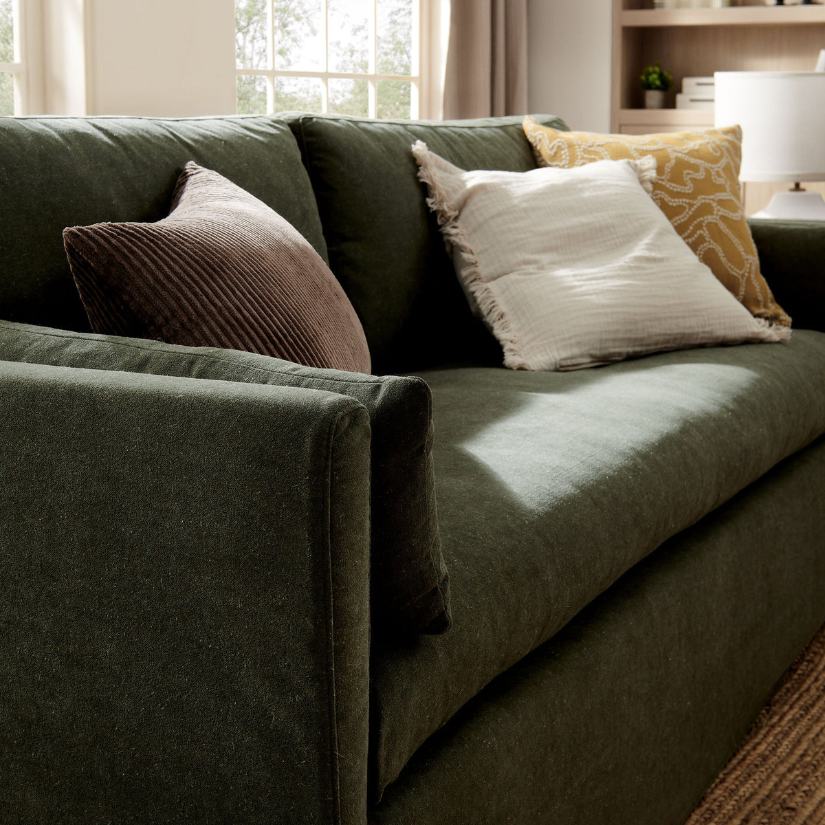 Wellfleet 85 Slipcovered Fabric Sofa, dark green upholstery beige pillows HouseOfZazla on Tampa Home & Garden Store