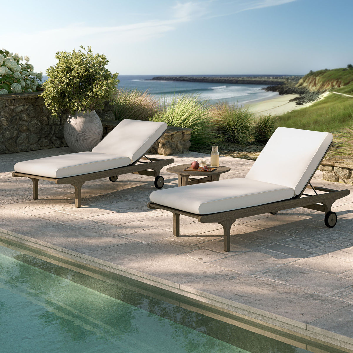 Saratoga outdoor teak wood 3-piece chaise lounge set with white cushions by Modway on Tampa Home & Garden Store