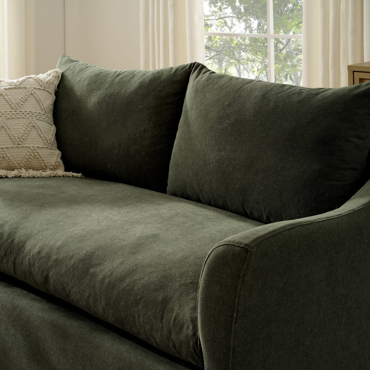 Somerset 70-inch linen-blend slipcovered loveseat dark green with cream pillow by Modway on Tampa Home & Garden Store