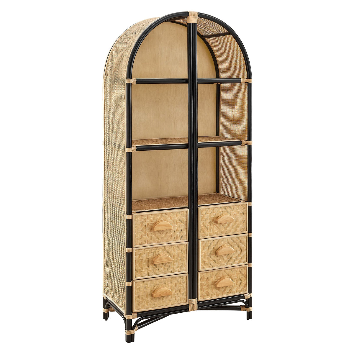 Jane 71 Inch Tall Arched Natural Rattan Bookshelf with black metal frame and four woven drawers on Tampa Home & Garden Store