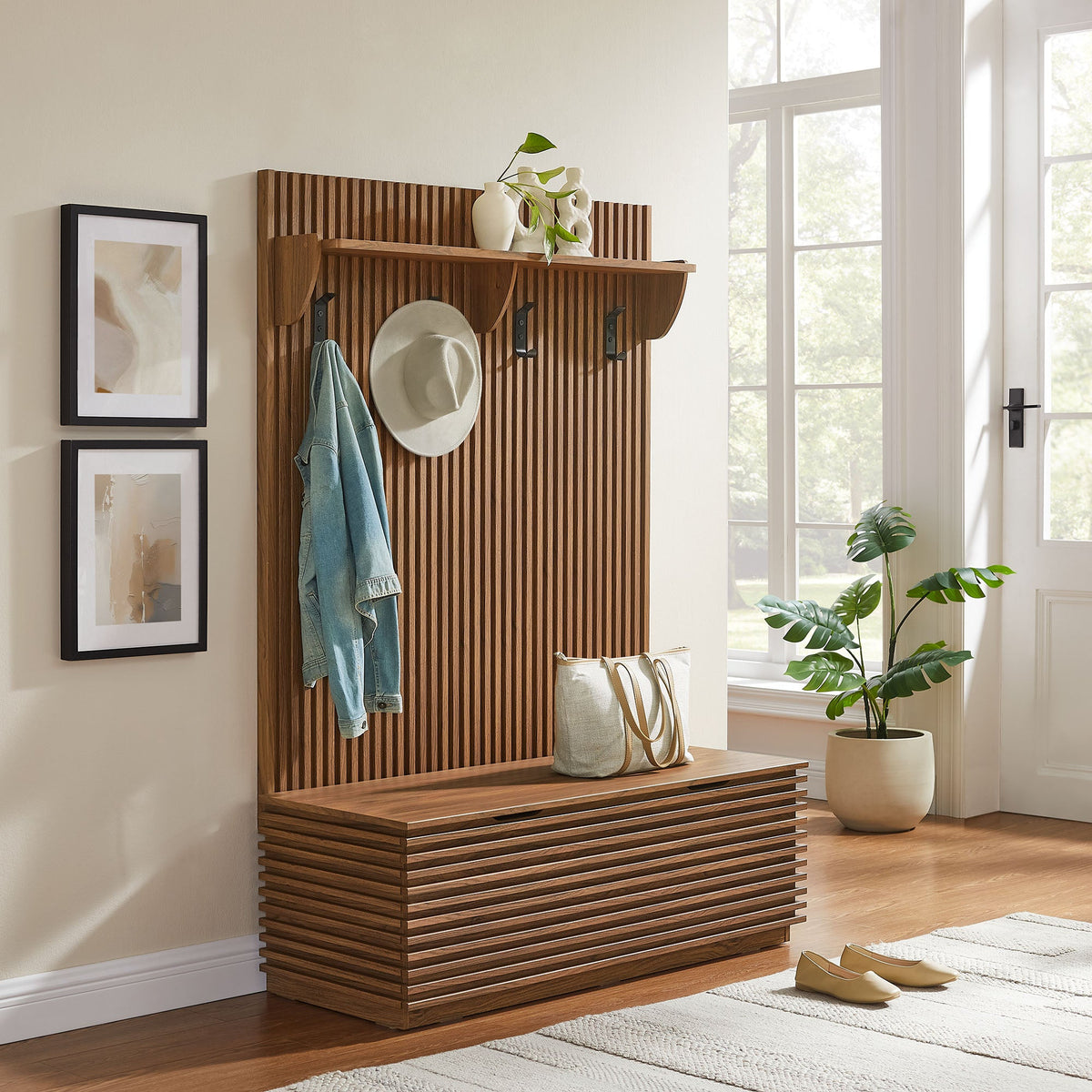 Render Fluted 3-in-1 Hall Tree with storage bench and coat rack walnut with black hooks on Tampa Home & Garden Store