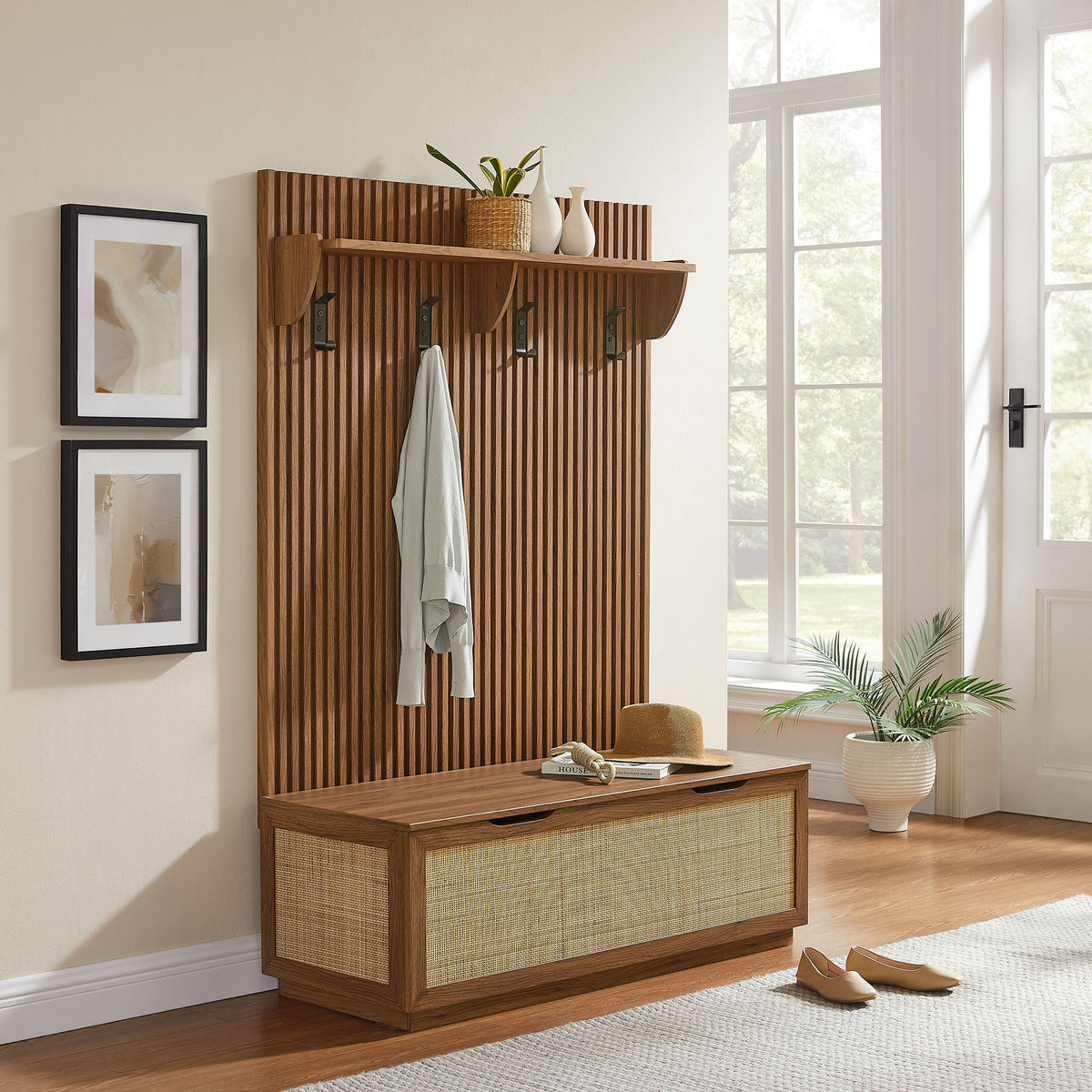 Soma Fluted 3-in-1 Hall Tree by HouseOfZazla with storage bench and coat rack, walnut panels on Tampa Home & Garden Store