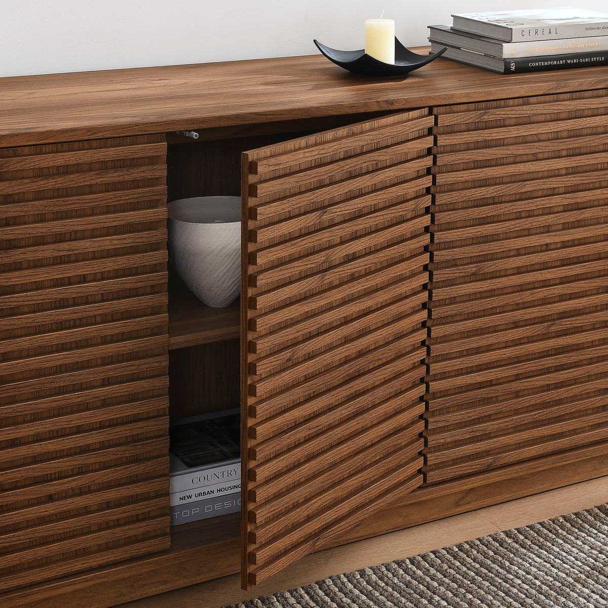 Modway Render 4-Door Fluted Sideboard TV Stand in walnut-toned wood with slatted fronts on Tampa Home & Garden Store