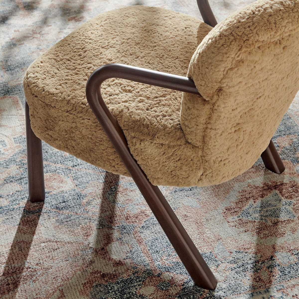 Arden faux shearling accent armchair tan plush fabric with dark brown wood arms on Tampa Home & Garden Store