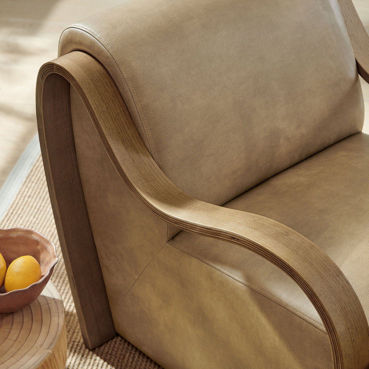 Atrium vegan leather accent armchair by Modway with tan upholstery and curved wood arms on Tampa Home & Garden Store