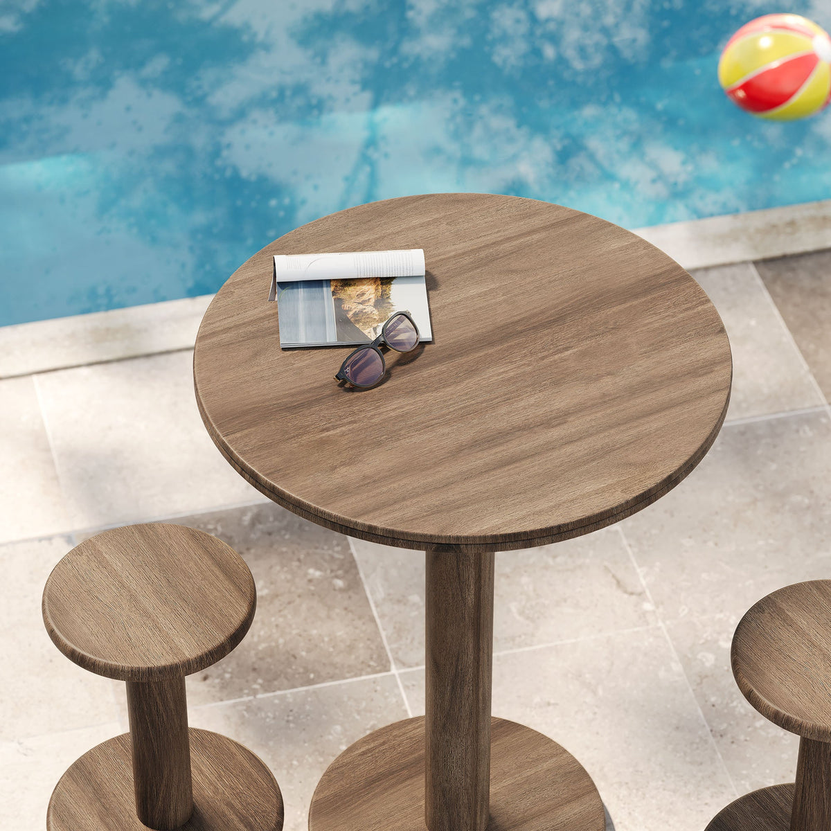 Neo 3-Piece Round Indoor-Outdoor Patio Wood Bar Table and Stool Set by Modway, brown wood finish on Tampa Home & Garden Store