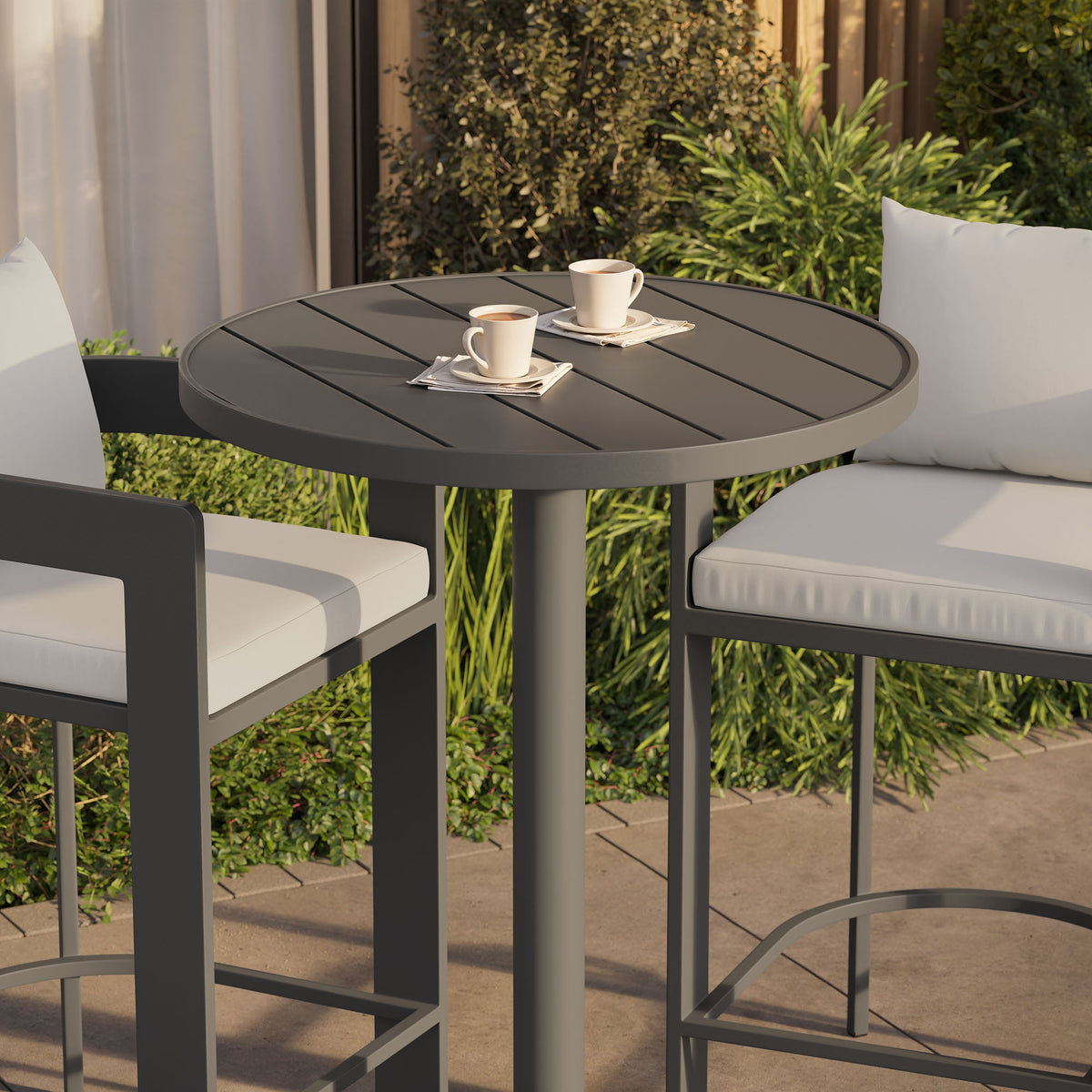 Tahoe 3-Piece Outdoor Patio Bar Set by Modway, gray frame with gray cushions around round table on Tampa Home & Garden Store