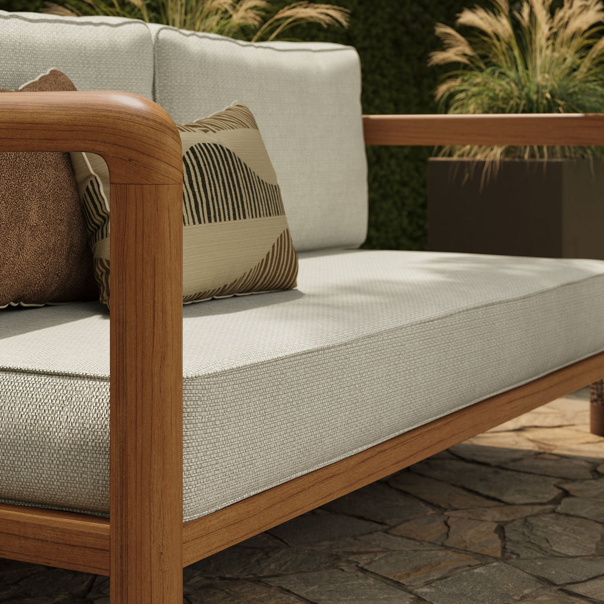 Kona Outdoor Patio Teak Wood Loveseat by Modway with beige cushions and striped pillow on Tampa Home & Garden Store