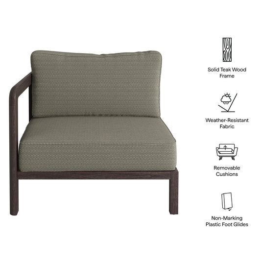 Kona outdoor teak wood left-arm facing modular armchair by Modway with taupe textured cushions on Tampa Home & Garden Store
