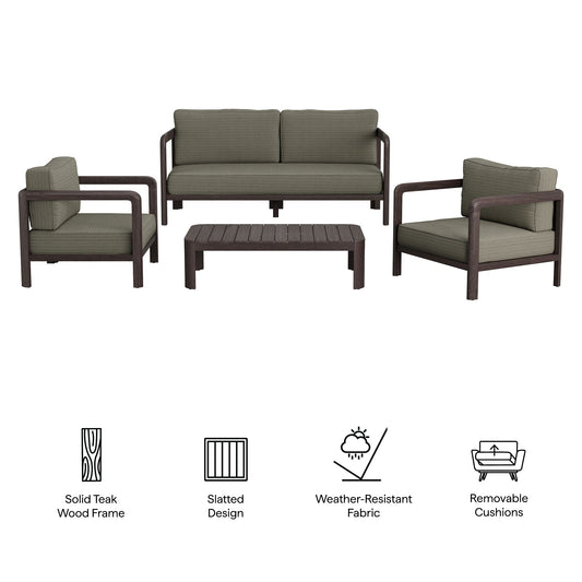 Kona 4-Piece Outdoor Teak Wood Furniture Set; sofa, 2 chairs, olive cushions, coffee table on Tampa Home & Garden Store