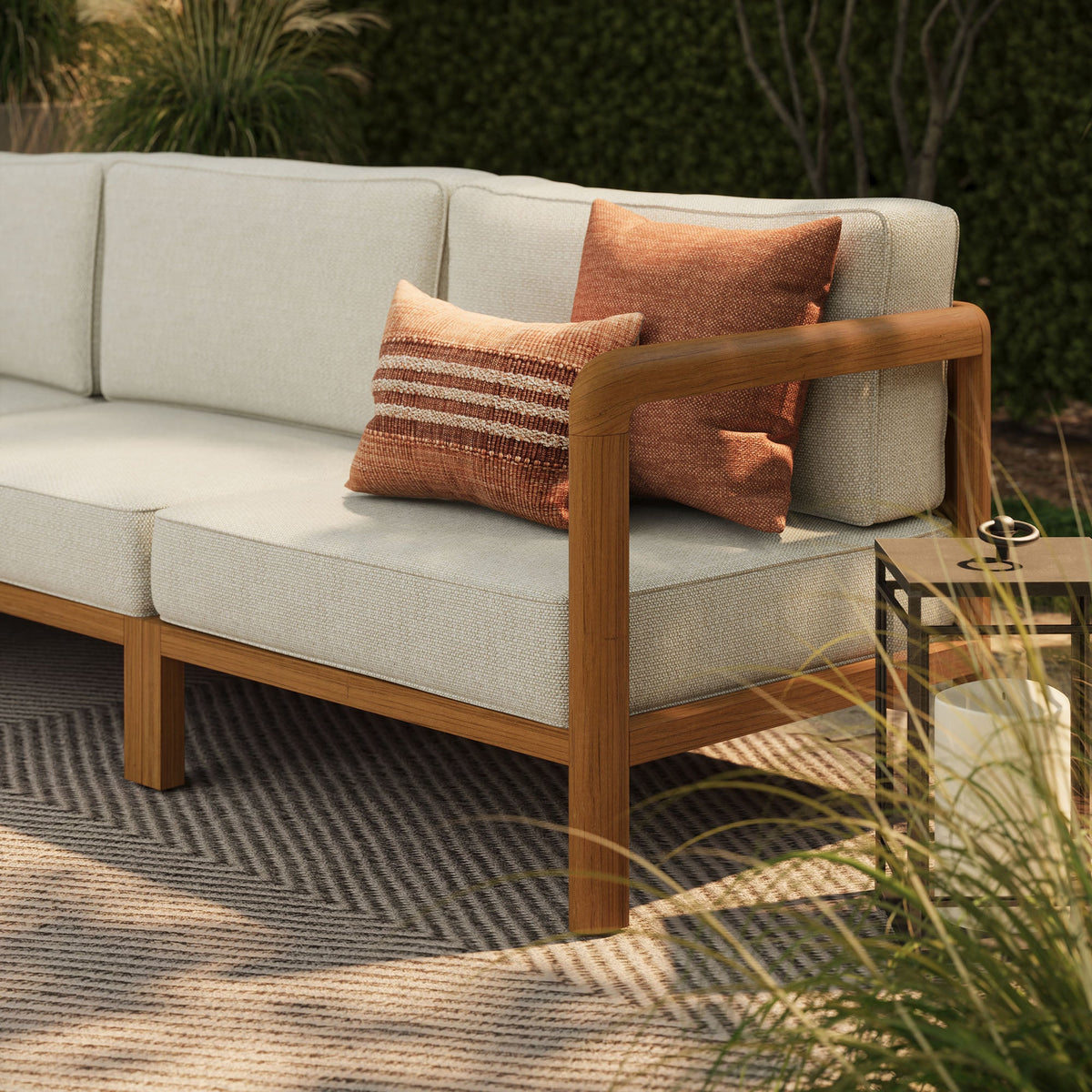 Kona 3-Piece Outdoor Teak Wood Modular Sofa Set by Modway with beige cushions and orange pillows on Tampa Home & Garden Store