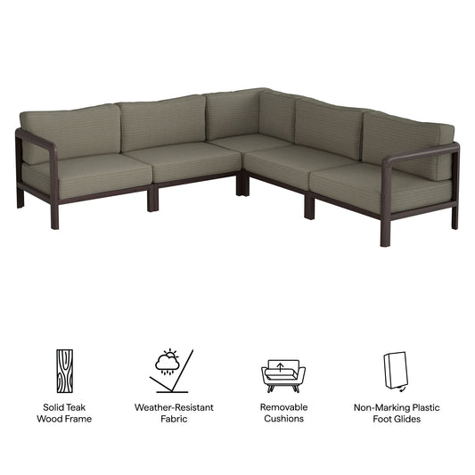 Kona 5-Piece Outdoor Teak Corner Modular Sofa with taupe cushions and dark wood frame on Tampa Home & Garden Store
