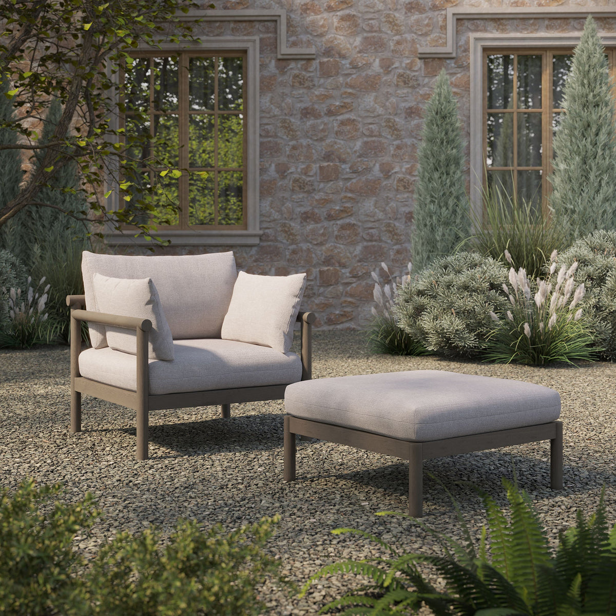Eleni 2-piece outdoor teak wood armchair and ottoman set with beige cushions by Modway on Tampa Home & Garden Store