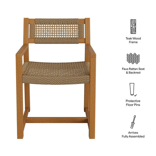 Reed Outdoor Teak Wood Rattan Dining Chair with woven back and seat, teak frame, HouseOfZazla on Tampa Home & Garden Store