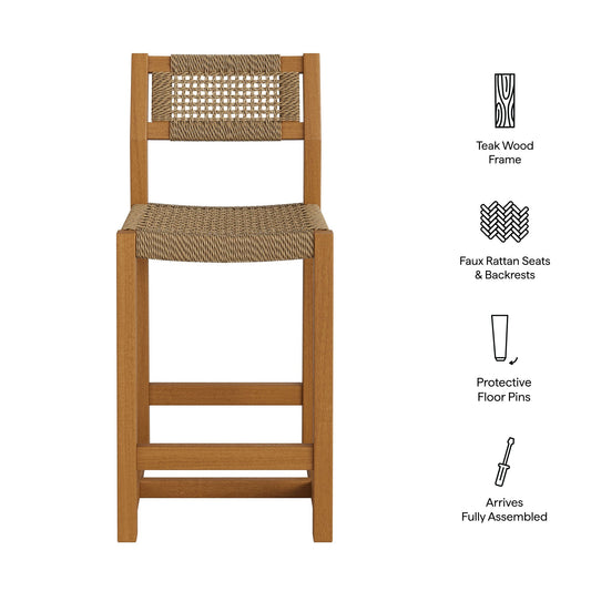 Reed 40 Inch outdoor teak wood counter stool with woven faux rattan seat and backrest on Tampa Home & Garden Store