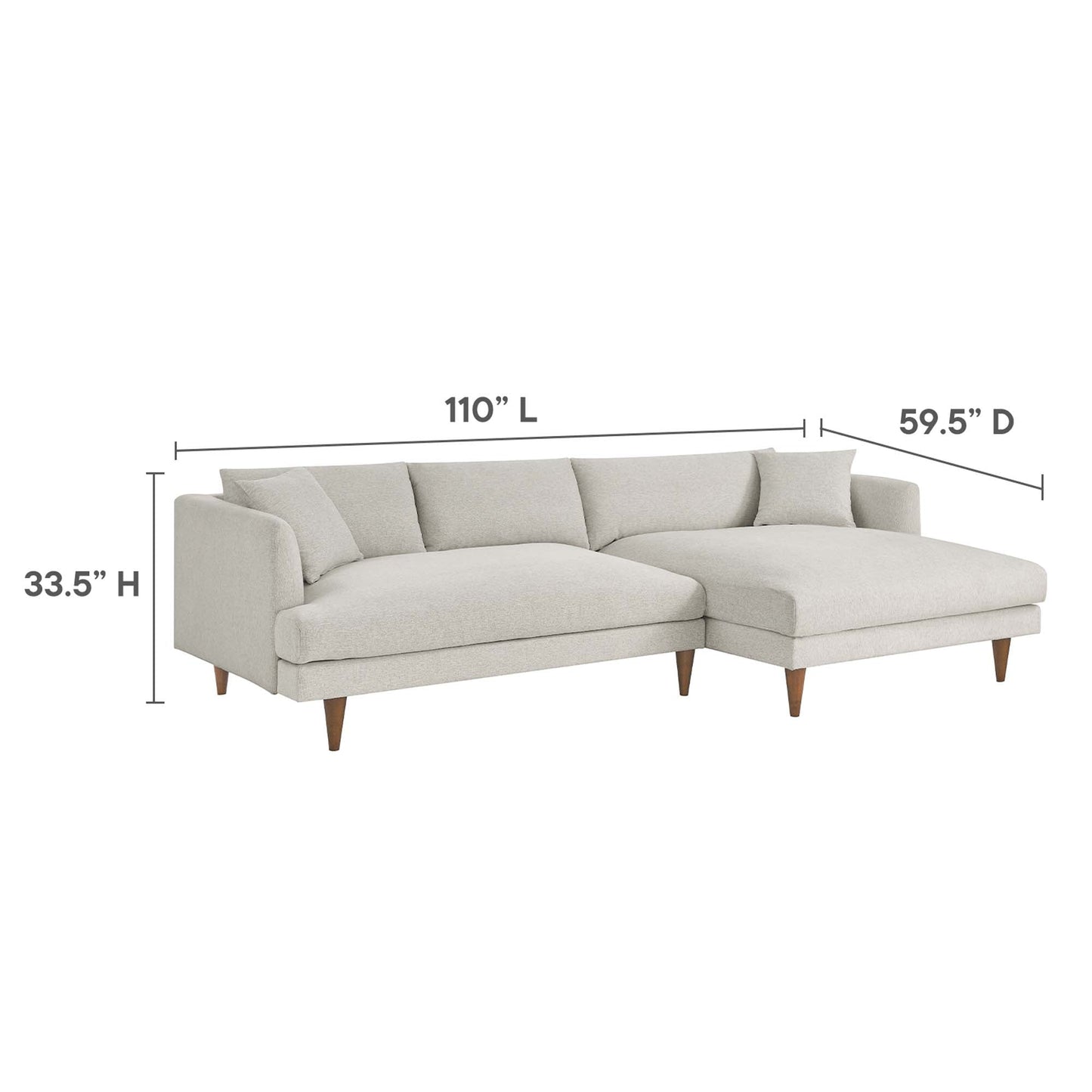 Zoya right-facing down-filled overstuffed sectional sofa beige fabric with tapered wood legs on Tampa Home & Garden Store