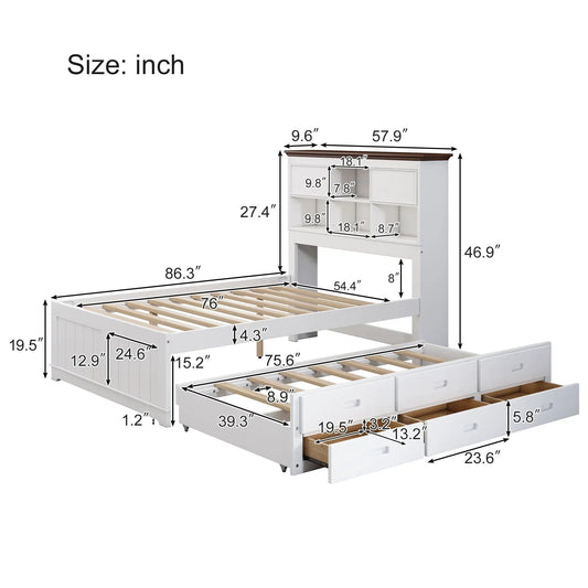 Solid pine captain bookcase bed with trundle in white finish, wood top, 3 under-bed drawers on Tampa Home & Garden Store