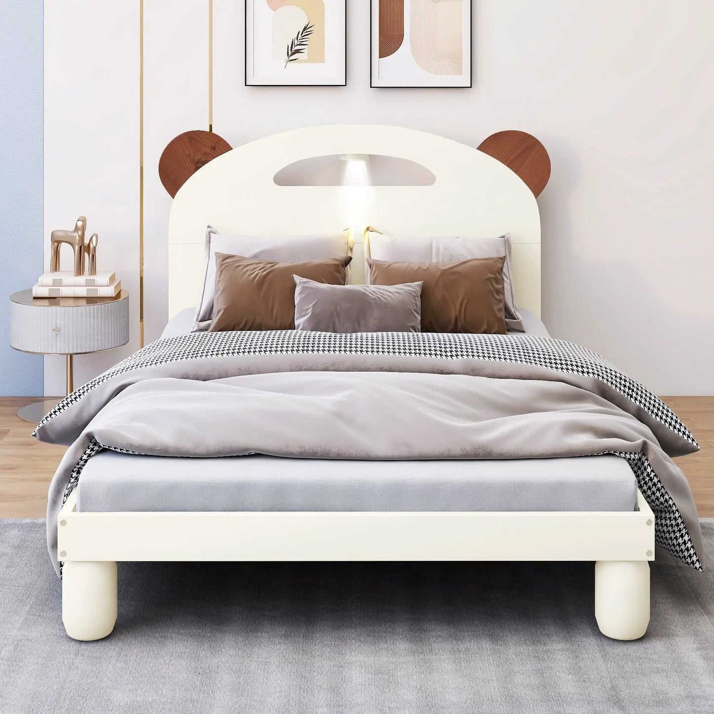 Twin size platform bed with bear ears headboard, white frame and brown ears VIP on Tampa Home & Garden Store