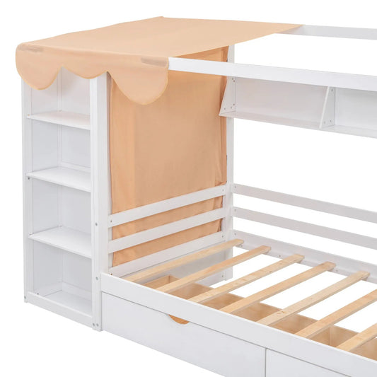 Twin House Bed with drawers and wardrobe in white solid wood, beige canopy and slatted base on Tampa Home & Garden Store