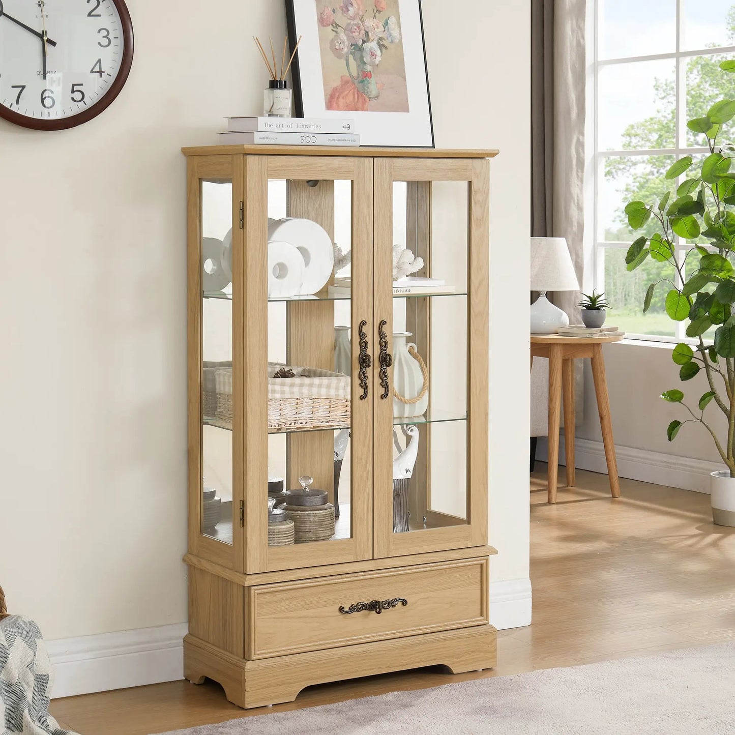 Oak Glass Cabinet with Lighted Interior and Doors