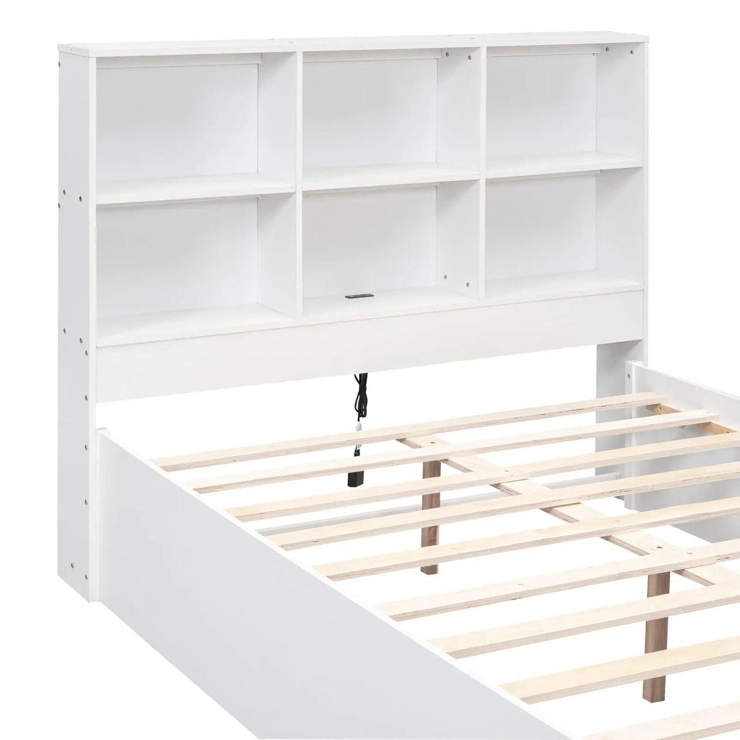 White full-size platform bed with 6-cubby headboard storage and built-in charging cord on Tampa Home & Garden Store