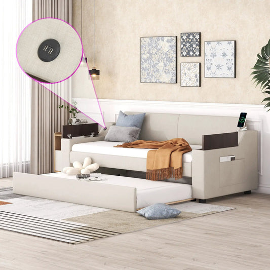 Twin size beige upholstered daybed with built-in trundle and USB ports on Tampa Home & Garden Store