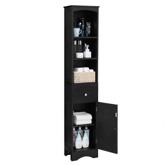 Tall black bathroom cabinet with drawer and shelf filled with toiletries and towels on Tampa Home & Garden Store