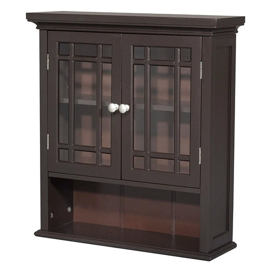 Dark Espresso 2-Door bathroom wall cabinet with glass doors, white knobs, open shelf on Tampa Home & Garden Store