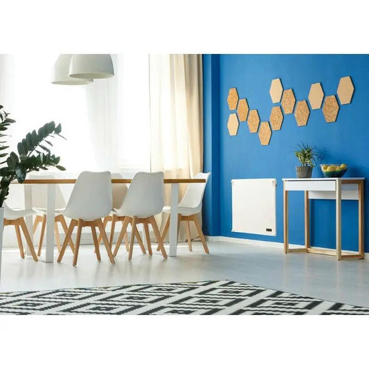 400-Watt energy efficient wall mounted heater in white, mounted on a blue accent wall beside a modern dining area on Tampa Home & Garden Store
