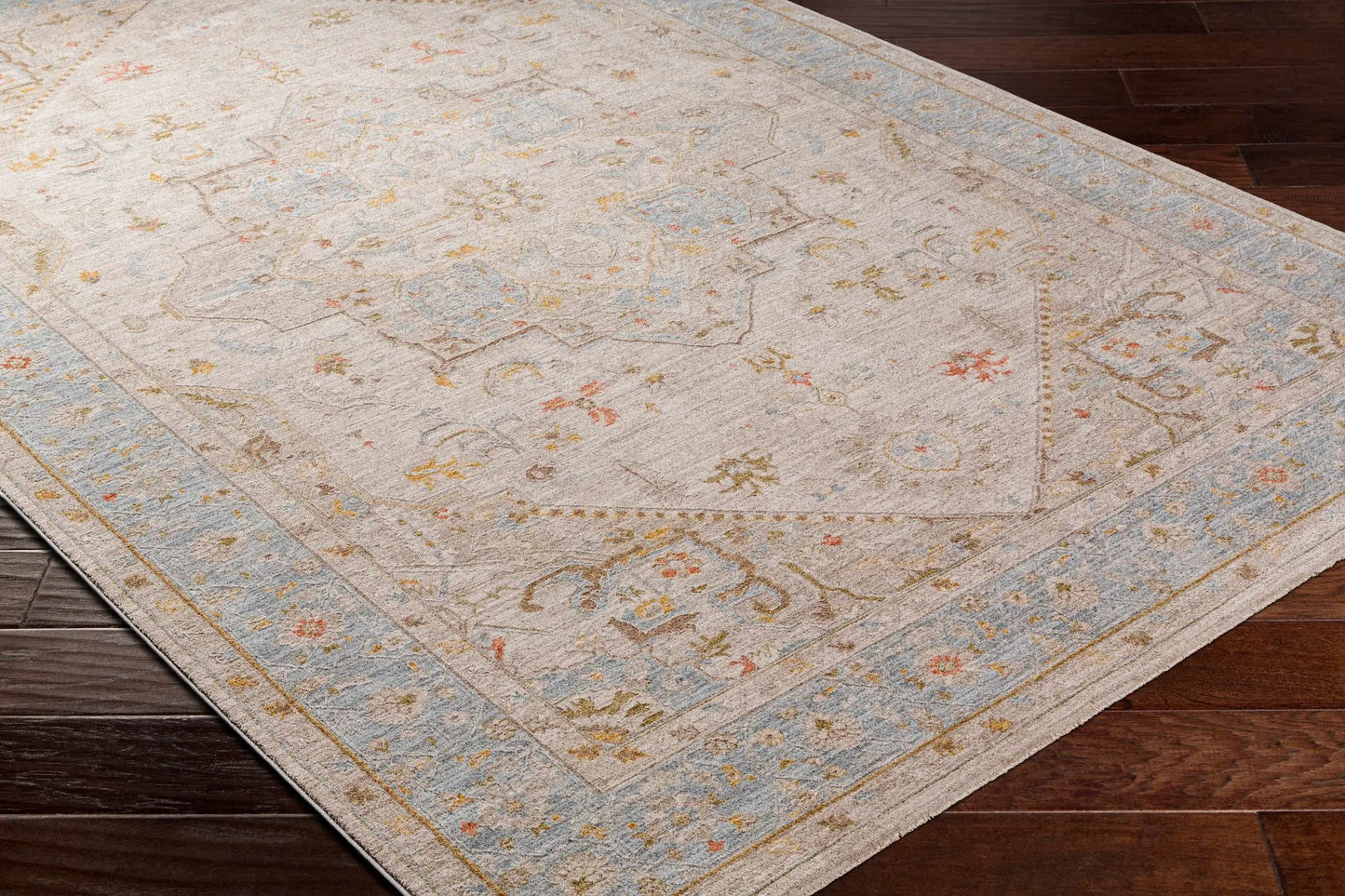 Ehan Cream Thick Luxe Oushak Rug Traditional, cream base with soft blue accents and subtle gold on Tampa Home & Garden Store