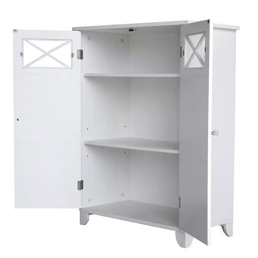 White two-door bathroom floor cabinet with adjustable shelf and X-pattern panel doors on Tampa Home & Garden Store