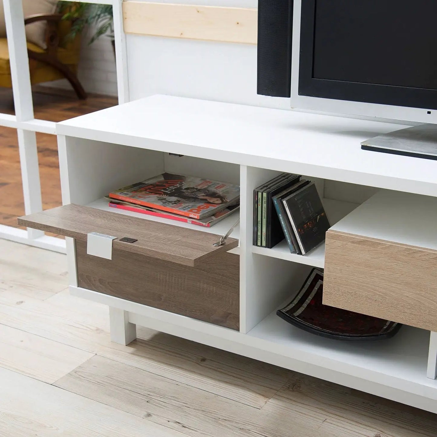 Modern 70-inch White TV Stand Entertainment Center with Natural Wood Accents - Tampa Home & Garden Store