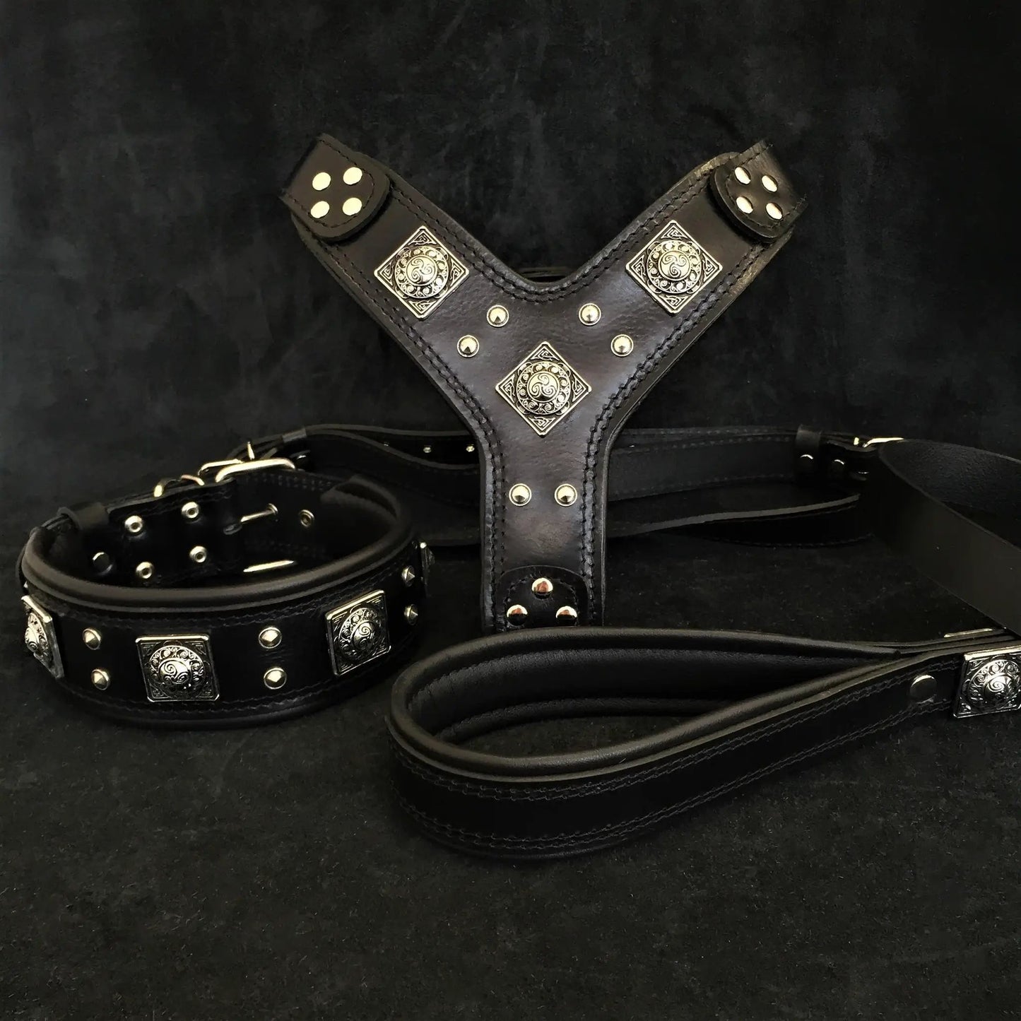 Eros leather harness and leash set all black with ornate silver conchos by Bestia Dog Gear on Tampa Home & Garden Store