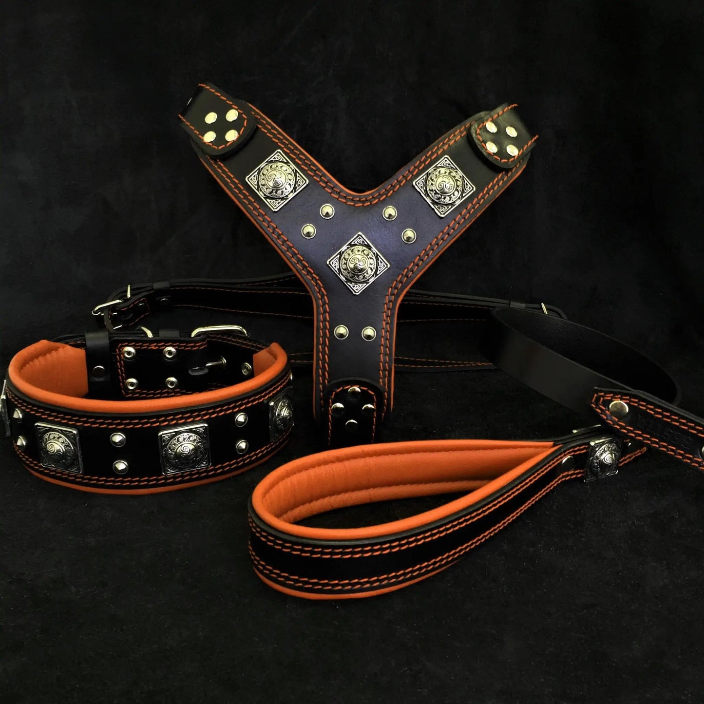 Eros leather dog harness set with collar and lead, black with orange accents and plates on Tampa Home & Garden Store