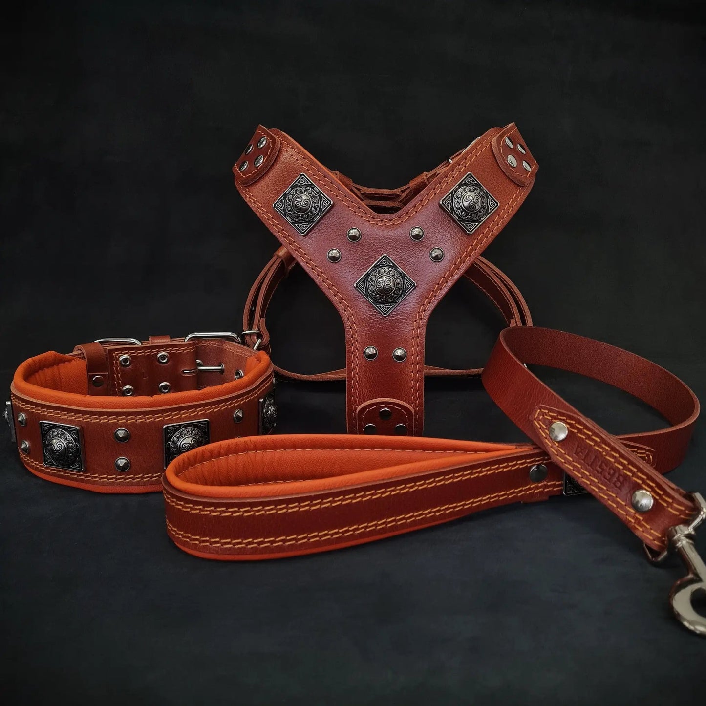Eros Harness and Collar Set in brown leather with orange lining and silver embossed plates on Tampa Home & Garden Store