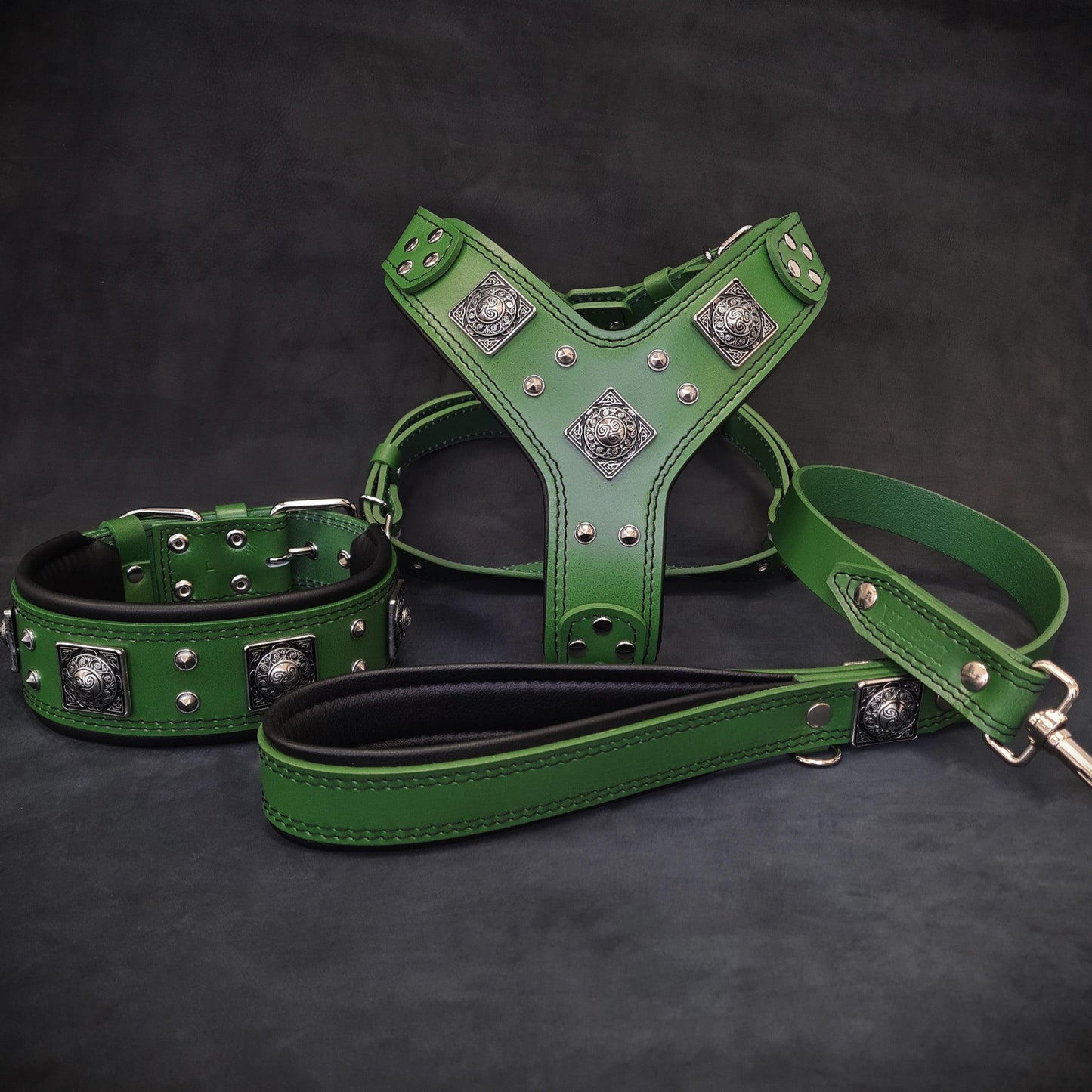 Eros harness and collar set for big dogs in green leather with silver studs and conchos on Tampa Home & Garden Store