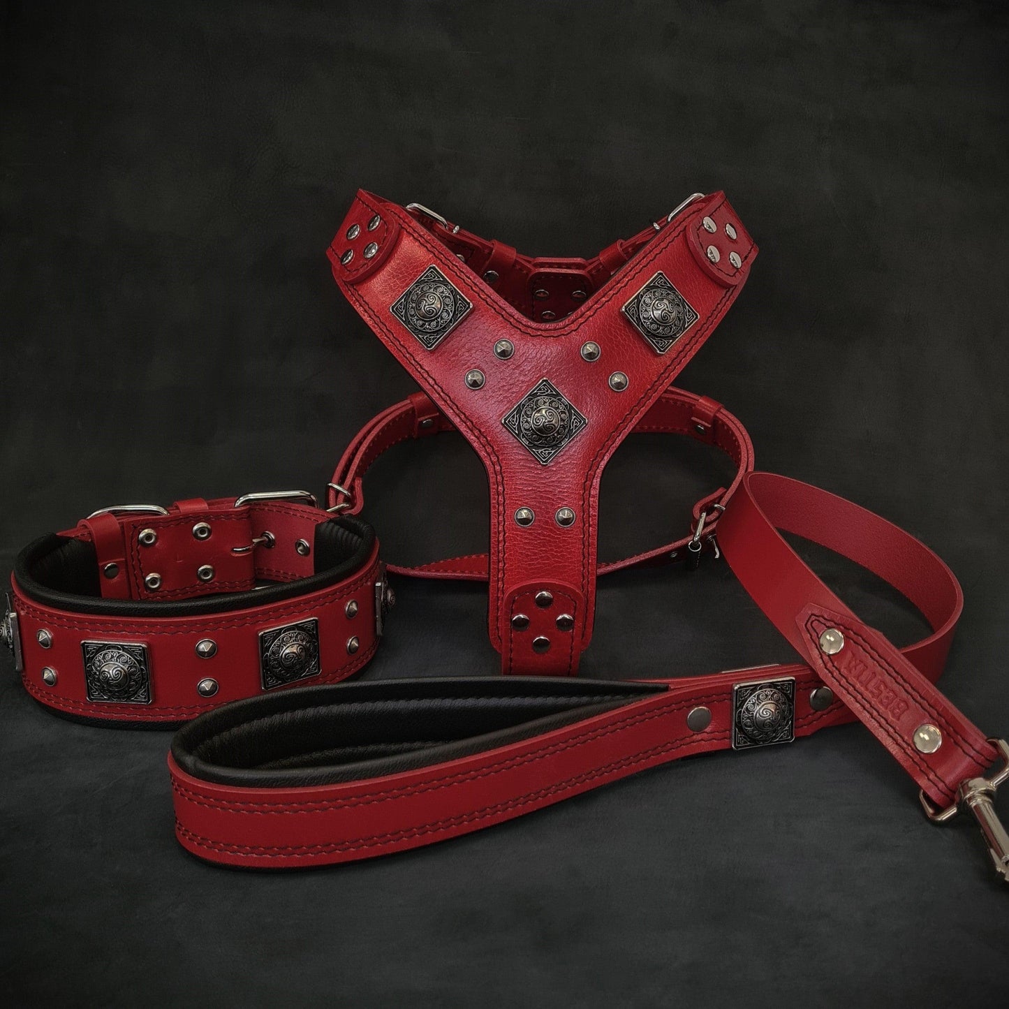 Eros Harness Collar and Leash Set red leather with metal studs by Bestia Dog Gear on Tampa Home & Garden Store