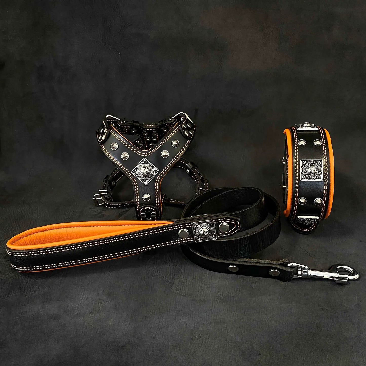 Eros Harness Collar and Leash Set, black leather with orange trim, silver studs, 2-piece on Tampa Home & Garden Store