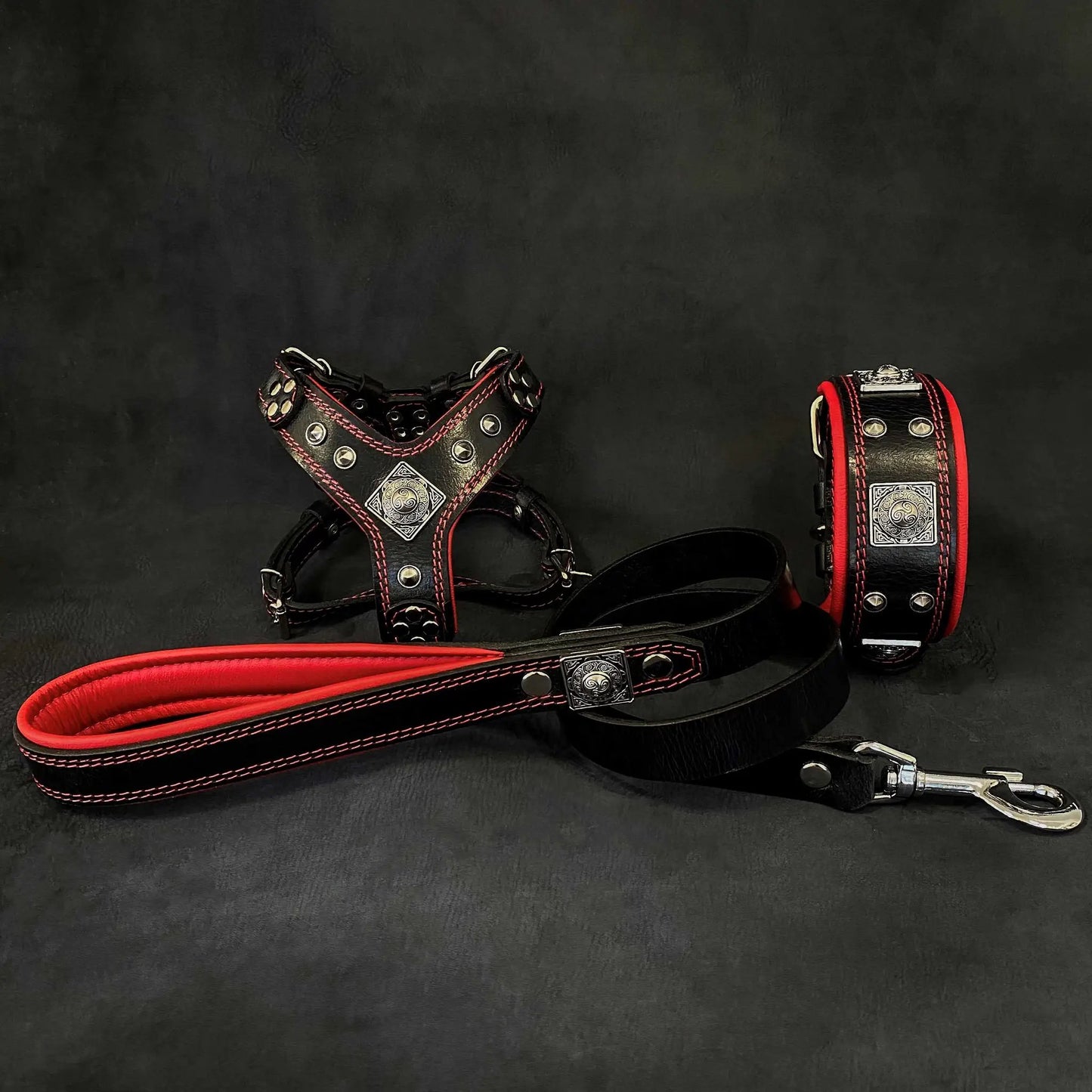 Eros two-piece harness and lead set black with red stitching and studs Bestia on Tampa Home & Garden Store