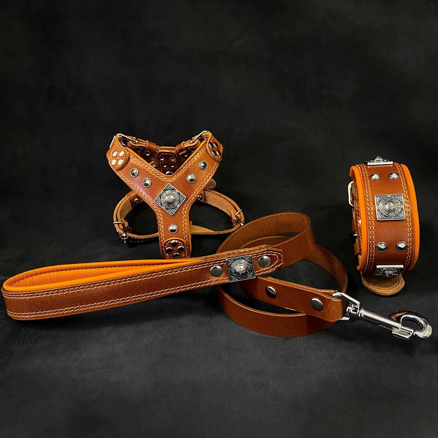 Eros Leather Dog Harness and Collar Lead Set, brown leather with silver studs, 3pc on Tampa Home & Garden Store
