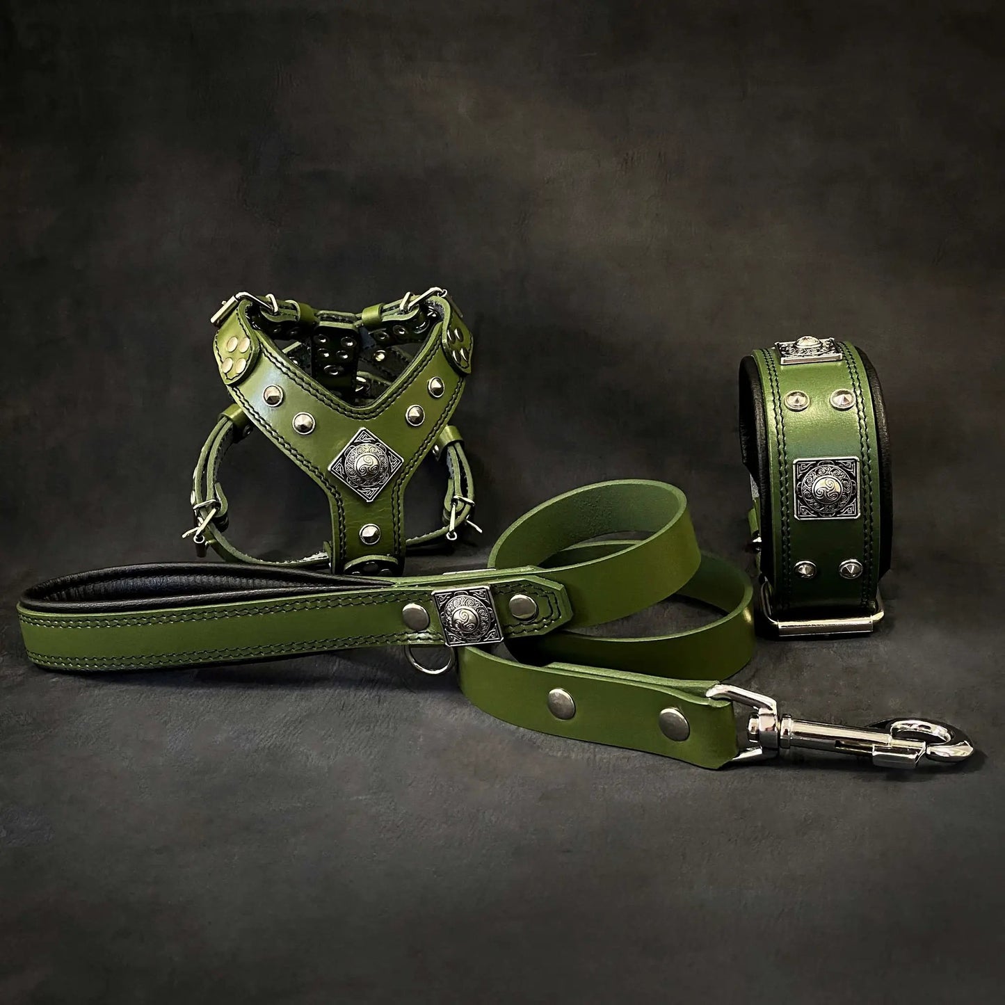 Eros dog harness collar lead set in green with studded hardware, Bestia Dog Gear on Tampa Home & Garden Store
