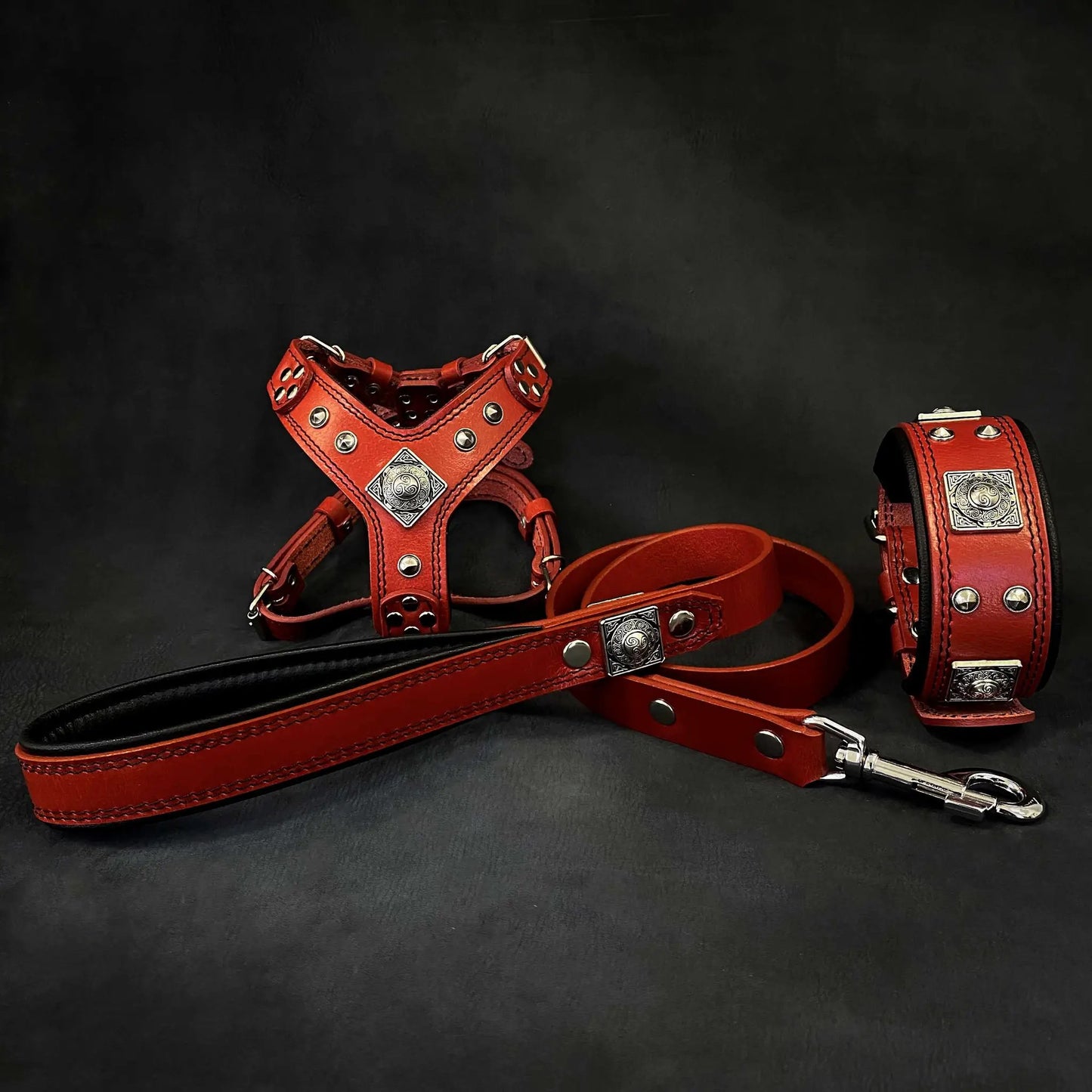 Eros dog harness set red leather with metal studs collar and lead on Tampa Home & Garden Store